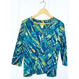 Ruby Rd. : size L : blue, gold and green colorful print 3/4 sleeve blouse top